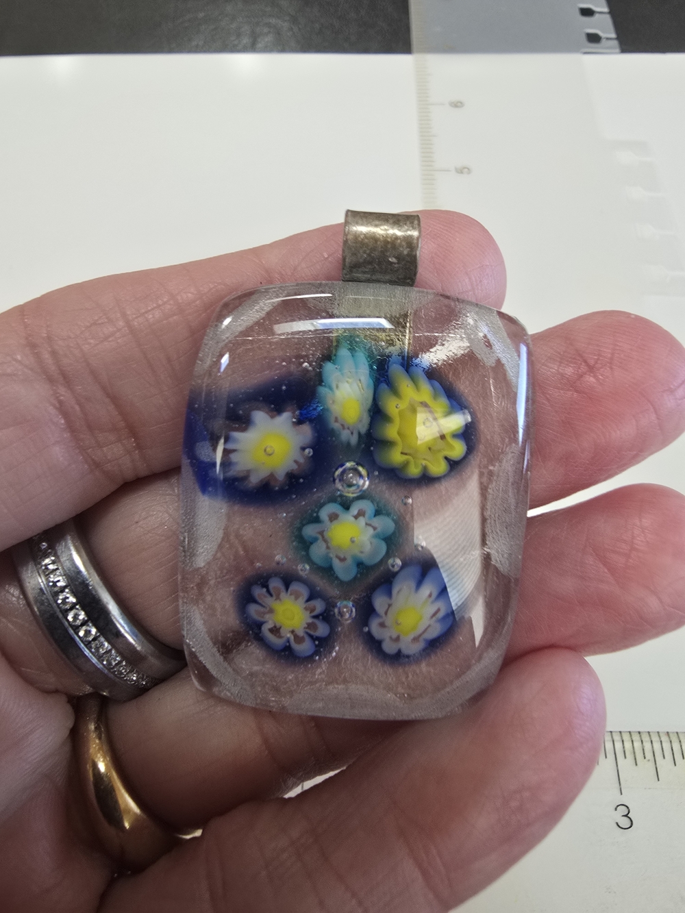 Handmade Blue Millefiori Glass Flower Pendant Necklace